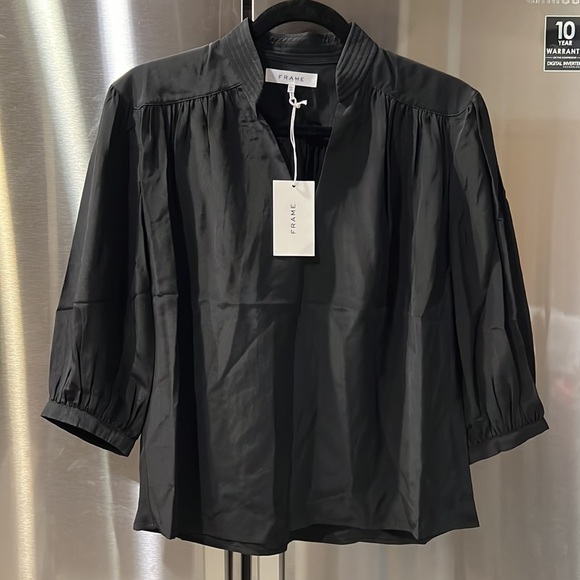 FRAME Cali Gathered Silk Top size XS color Noir - Picture 6 of 11